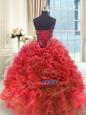 Wine Red Lace Up Sweetheart Beading and Ruffles Quinceanera Gown Organza Sleeveless