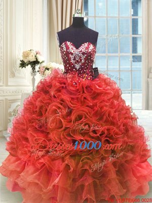Wine Red Lace Up Sweetheart Beading and Ruffles Quinceanera Gown Organza Sleeveless