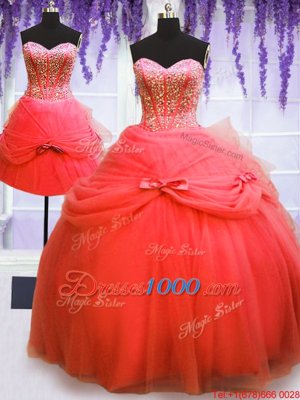 Customized Three Piece Coral Red Sweetheart Neckline Beading and Bowknot Sweet 16 Dress Sleeveless Lace Up