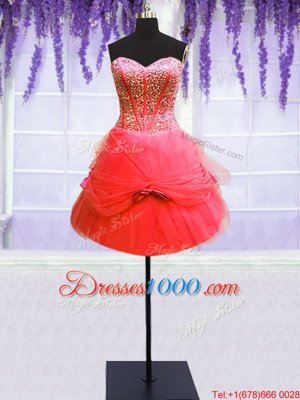 Customized Three Piece Coral Red Sweetheart Neckline Beading and Bowknot Sweet 16 Dress Sleeveless Lace Up