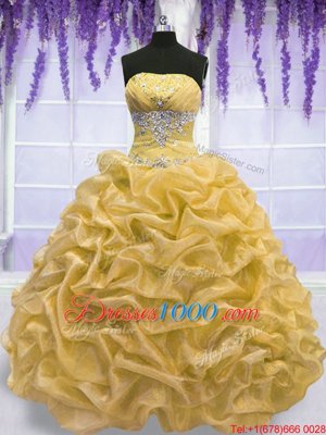 Superior Gold Organza Lace Up 15 Quinceanera Dress Sleeveless Floor Length Beading