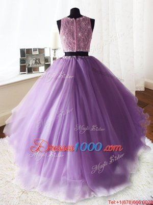 Sophisticated Lilac Organza and Tulle and Lace Zipper Scoop Sleeveless With Train Quinceanera Dresses Brush Train Beading and Lace and Ruffles