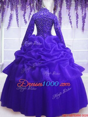 Exceptional Royal Blue V-neck Neckline Sequins and Pick Ups 15 Quinceanera Dress Long Sleeves Zipper