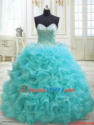 Deluxe Beading and Ruffles Ball Gown Prom Dress Aqua Blue Lace Up Sleeveless Sweep Train
