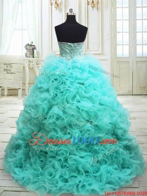 Deluxe Beading and Ruffles Ball Gown Prom Dress Aqua Blue Lace Up Sleeveless Sweep Train