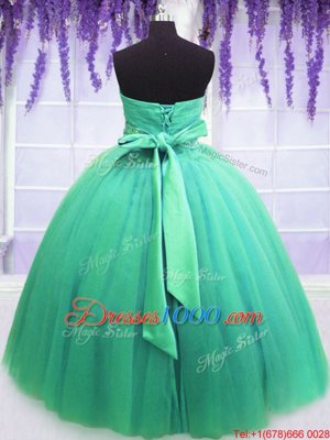 Turquoise Ball Gowns Sweetheart Sleeveless Tulle Floor Length Lace Up Beading and Belt Ball Gown Prom Dress