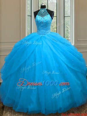 Popular Tulle Sweetheart Sleeveless Lace Up Beading Vestidos de Quinceanera in Baby Blue