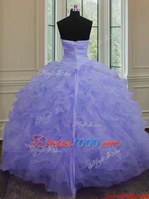 Lavender Ball Gowns Organza Sweetheart Sleeveless Beading and Ruffles Floor Length Lace Up Quinceanera Gown