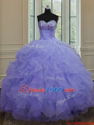 Lavender Ball Gowns Organza Sweetheart Sleeveless Beading and Ruffles Floor Length Lace Up Quinceanera Gown