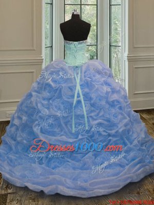Baby Blue Organza Lace Up Sweetheart Sleeveless Floor Length 15th Birthday Dress Beading
