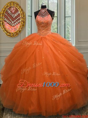 Halter Top Orange Red Sleeveless Beading Floor Length 15th Birthday Dress
