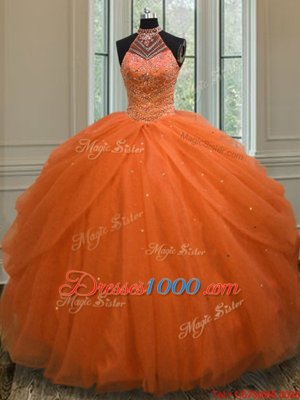 Halter Top Orange Red Sleeveless Beading Floor Length 15th Birthday Dress