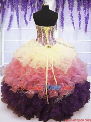 Vintage Multi-color Ball Gowns Organza Sweetheart Sleeveless Beading and Ruffles and Ruffled Layers Floor Length Lace Up 15th Birthday Dress
