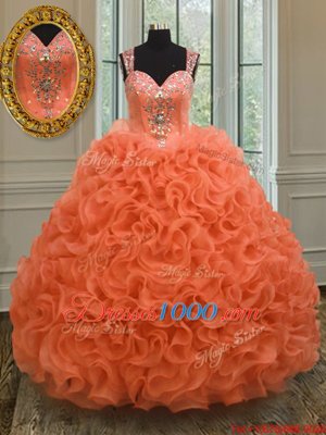 Best Straps Straps Orange Red Ball Gowns Beading and Ruffles Quinceanera Gowns Zipper Organza Sleeveless Floor Length