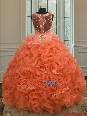 Best Straps Straps Orange Red Ball Gowns Beading and Ruffles Quinceanera Gowns Zipper Organza Sleeveless Floor Length
