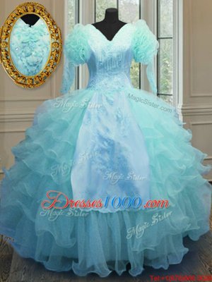 Organza Long Sleeves Floor Length Sweet 16 Dresses and Embroidery and Ruffled Layers