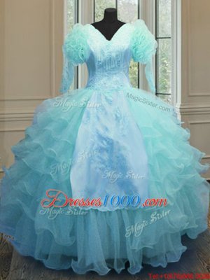 Organza Long Sleeves Floor Length Sweet 16 Dresses and Embroidery and Ruffled Layers