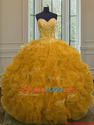 Orange Sweetheart Lace Up Beading and Ruffles Sweet 16 Dresses Sleeveless