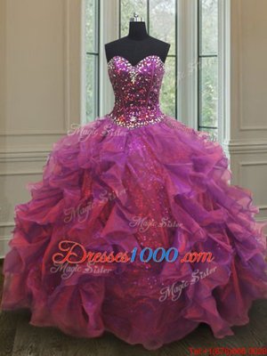 Cute Sleeveless Floor Length Beading and Ruffles Lace Up Sweet 16 Dress with Purple