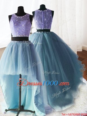 Three Piece Scoop Baby Blue Organza and Tulle and Lace Zipper Sweet 16 Quinceanera Dress Sleeveless With Brush Train Beading and Lace and Ruffles
