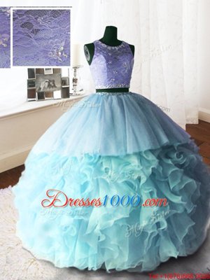 Three Piece Scoop Baby Blue Organza and Tulle and Lace Zipper Sweet 16 Quinceanera Dress Sleeveless With Brush Train Beading and Lace and Ruffles
