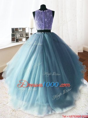 Three Piece Scoop Baby Blue Organza and Tulle and Lace Zipper Sweet 16 Quinceanera Dress Sleeveless With Brush Train Beading and Lace and Ruffles