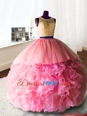 Scoop Sleeveless Brush Train Zipper Sweet 16 Dresses Rose Pink Organza and Tulle and Lace