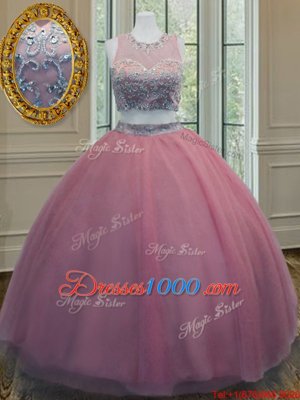 Luxury Ruffled Scoop Sleeveless Zipper 15th Birthday Dress Pink Tulle