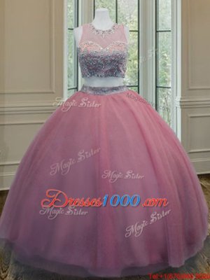 Luxury Ruffled Scoop Sleeveless Zipper 15th Birthday Dress Pink Tulle
