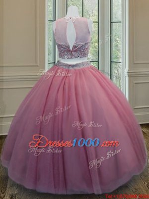 Luxury Ruffled Scoop Sleeveless Zipper 15th Birthday Dress Pink Tulle