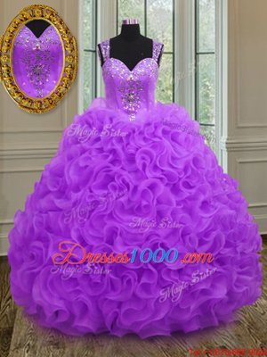 Traditional Purple Quince Ball Gowns Military Ball and Sweet 16 and Quinceanera and For with Beading and Ruffles Straps Sleeveless Zipper