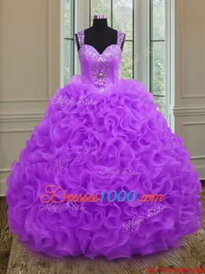 Traditional Purple Quince Ball Gowns Military Ball and Sweet 16 and Quinceanera and For with Beading and Ruffles Straps Sleeveless Zipper