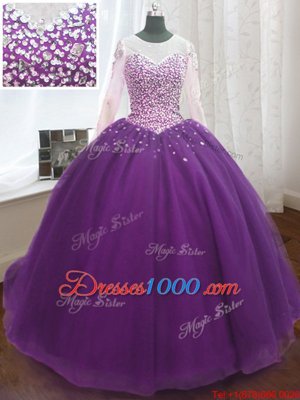 Purple Scoop Lace Up Beading and Sequins Quinceanera Dresses Sweep Train Long Sleeves