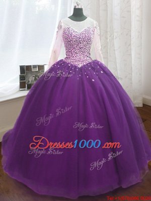Purple Scoop Lace Up Beading and Sequins Quinceanera Dresses Sweep Train Long Sleeves