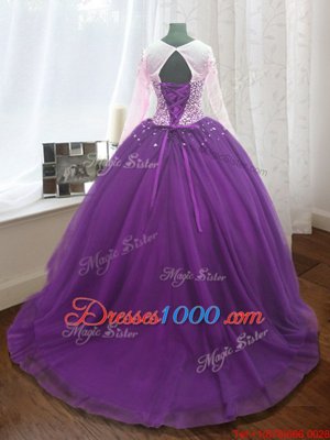 Purple Scoop Lace Up Beading and Sequins Quinceanera Dresses Sweep Train Long Sleeves
