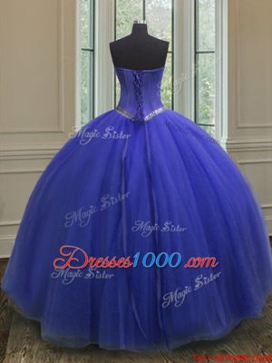 Glorious Royal Blue Ball Gown Prom Dress Military Ball and Sweet 16 and Quinceanera and For with Beading Sweetheart Sleeveless Lace Up