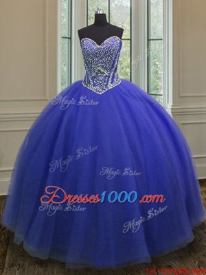 Glorious Royal Blue Ball Gown Prom Dress Military Ball and Sweet 16 and Quinceanera and For with Beading Sweetheart Sleeveless Lace Up