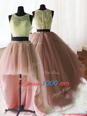 Three Piece Scoop Beading and Lace and Ruffles Quince Ball Gowns Baby Pink Zipper Sleeveless With Brush Train