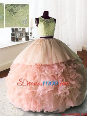 Three Piece Scoop Beading and Lace and Ruffles Quince Ball Gowns Baby Pink Zipper Sleeveless With Brush Train