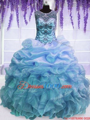 Scoop Sleeveless Organza Floor Length Lace Up Sweet 16 Quinceanera Dress in Blue for with Beading and Pick Ups