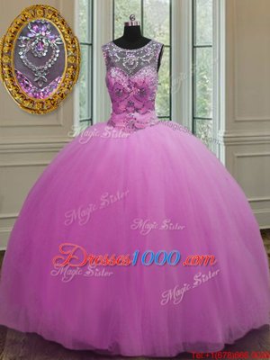 Scoop Floor Length Lilac 15 Quinceanera Dress Tulle Sleeveless Beading