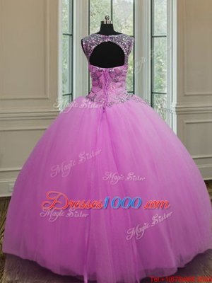 Scoop Floor Length Lilac 15 Quinceanera Dress Tulle Sleeveless Beading