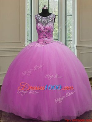 Scoop Floor Length Lilac 15 Quinceanera Dress Tulle Sleeveless Beading