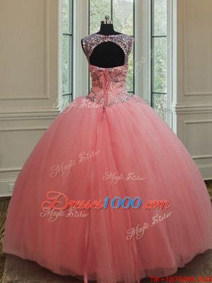 Scoop Tulle Sleeveless Floor Length Vestidos de Quinceanera and Beading