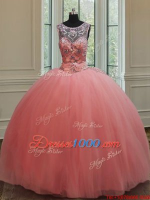 Scoop Tulle Sleeveless Floor Length Vestidos de Quinceanera and Beading