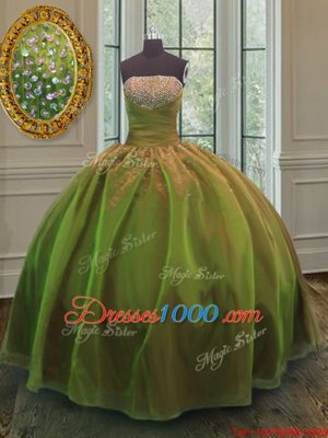 Sweet Floor Length Olive Green Quinceanera Dress Organza and Taffeta Sleeveless Sequins