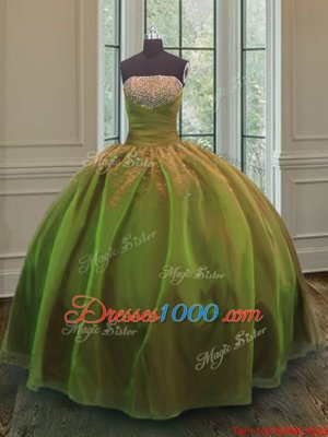 Sweet Floor Length Olive Green Quinceanera Dress Organza and Taffeta Sleeveless Sequins