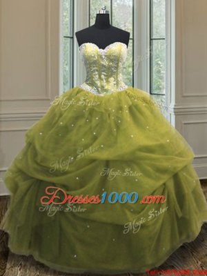 Sequins Pick Ups Sweetheart Sleeveless Lace Up Quinceanera Gown Olive Green Organza