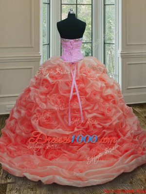 Colorful Pick Ups Sweep Train Ball Gowns 15th Birthday Dress Watermelon Red Sweetheart Organza Sleeveless Lace Up