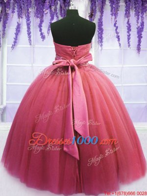 Pink Lace Up Ball Gown Prom Dress Beading and Belt Sleeveless Floor Length